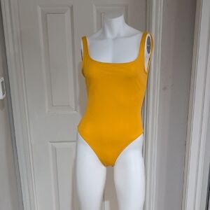 Nu Swim Mustard Square Neck Low Back One-Piece Swimsuit Women's Large NWOT